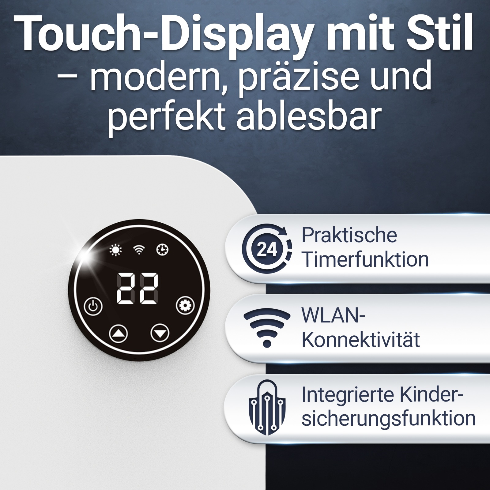 Ein schwarzes rundes Display zeigt '22'. Darunter Icons und Text für Timer, WLAN und Kindersicherung.