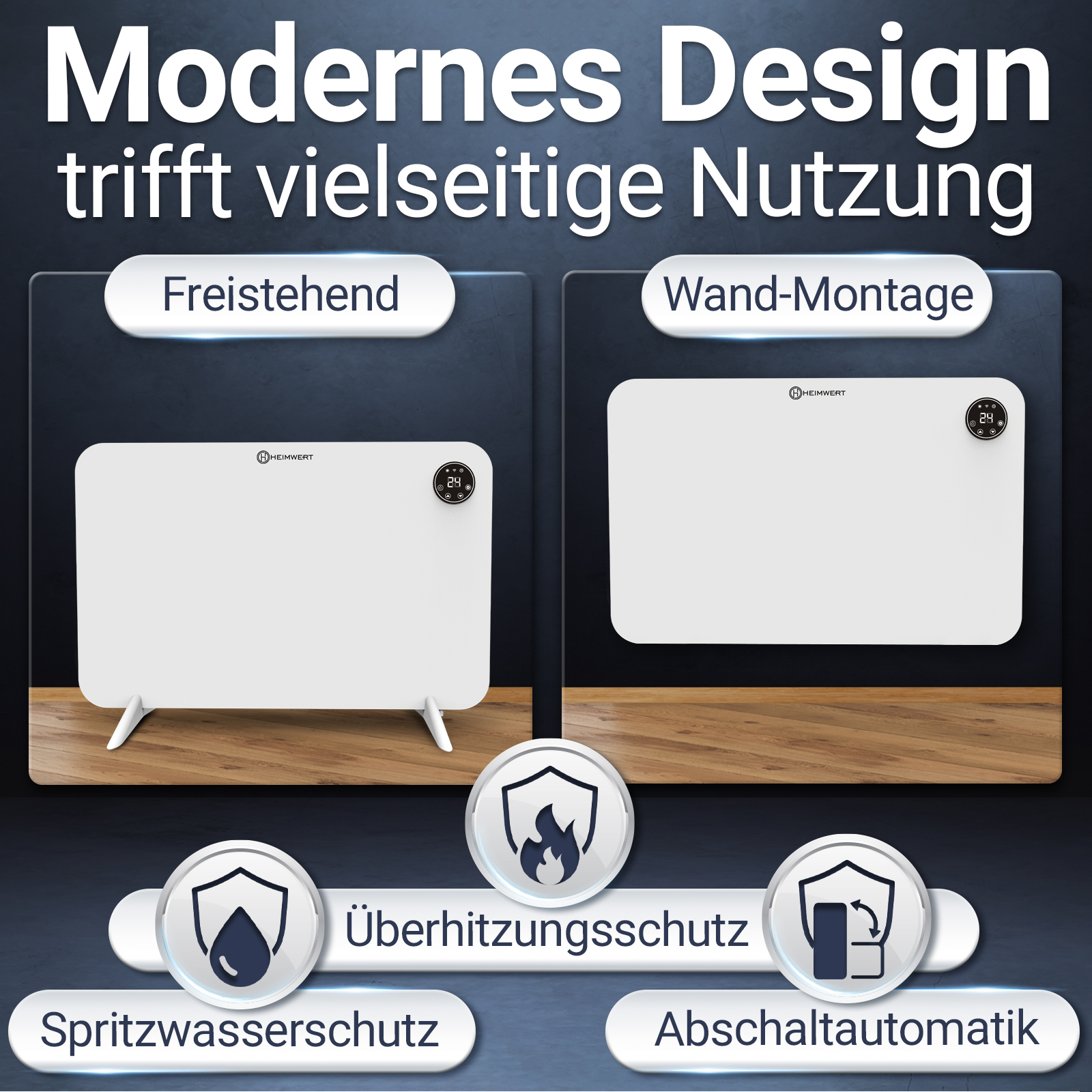 Das Bild zeigt zwei weiße Heizungen, eine freistehende und eine Wandheizung, mit Funktionsetiketten und einer Überschrift 'Modernes Design'.