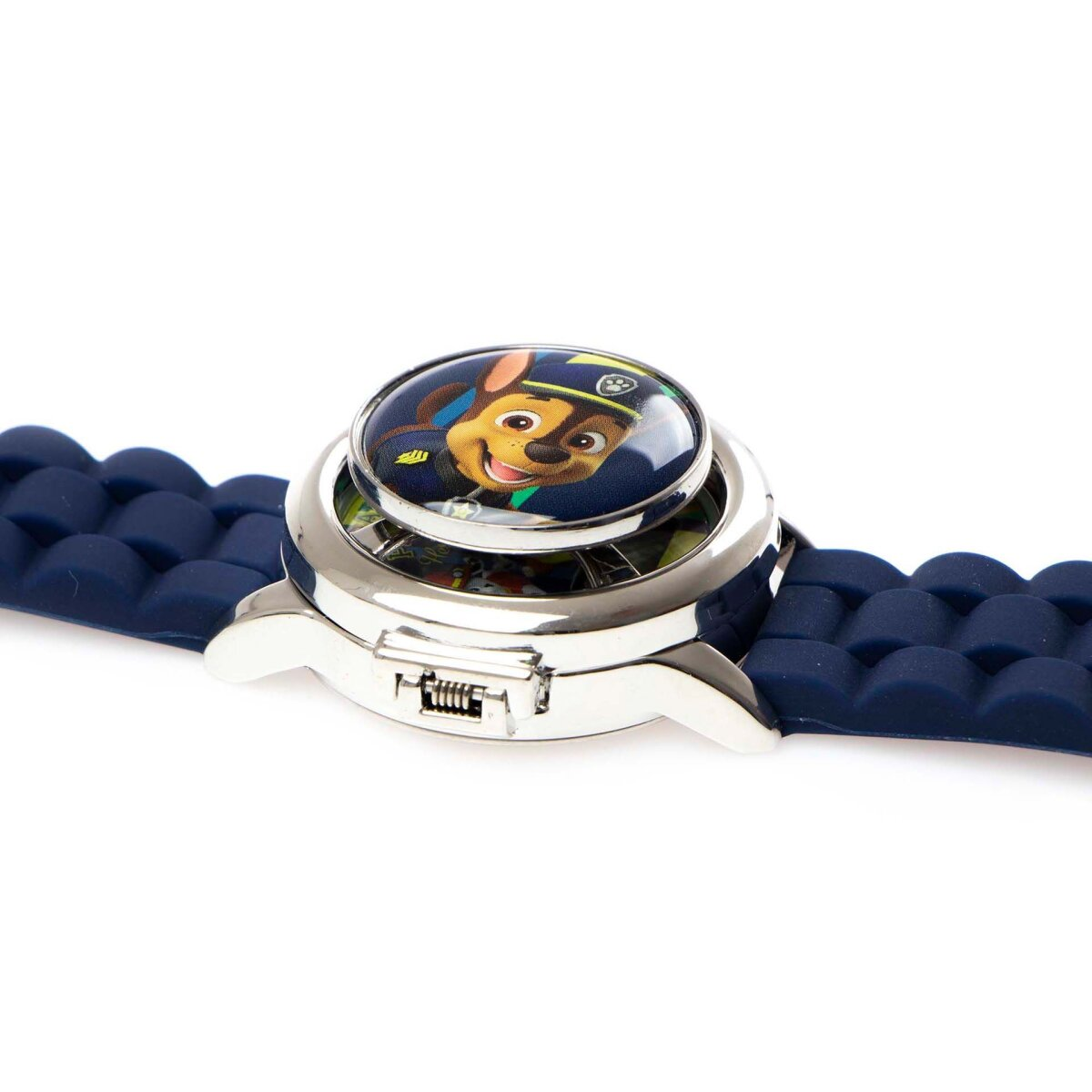Eine blaue Paw Patrol-Uhr. Sie hat ein Bild von Chase auf dem Zifferblatt, eine silberne Lünette und ein blaues Silikonarmband.