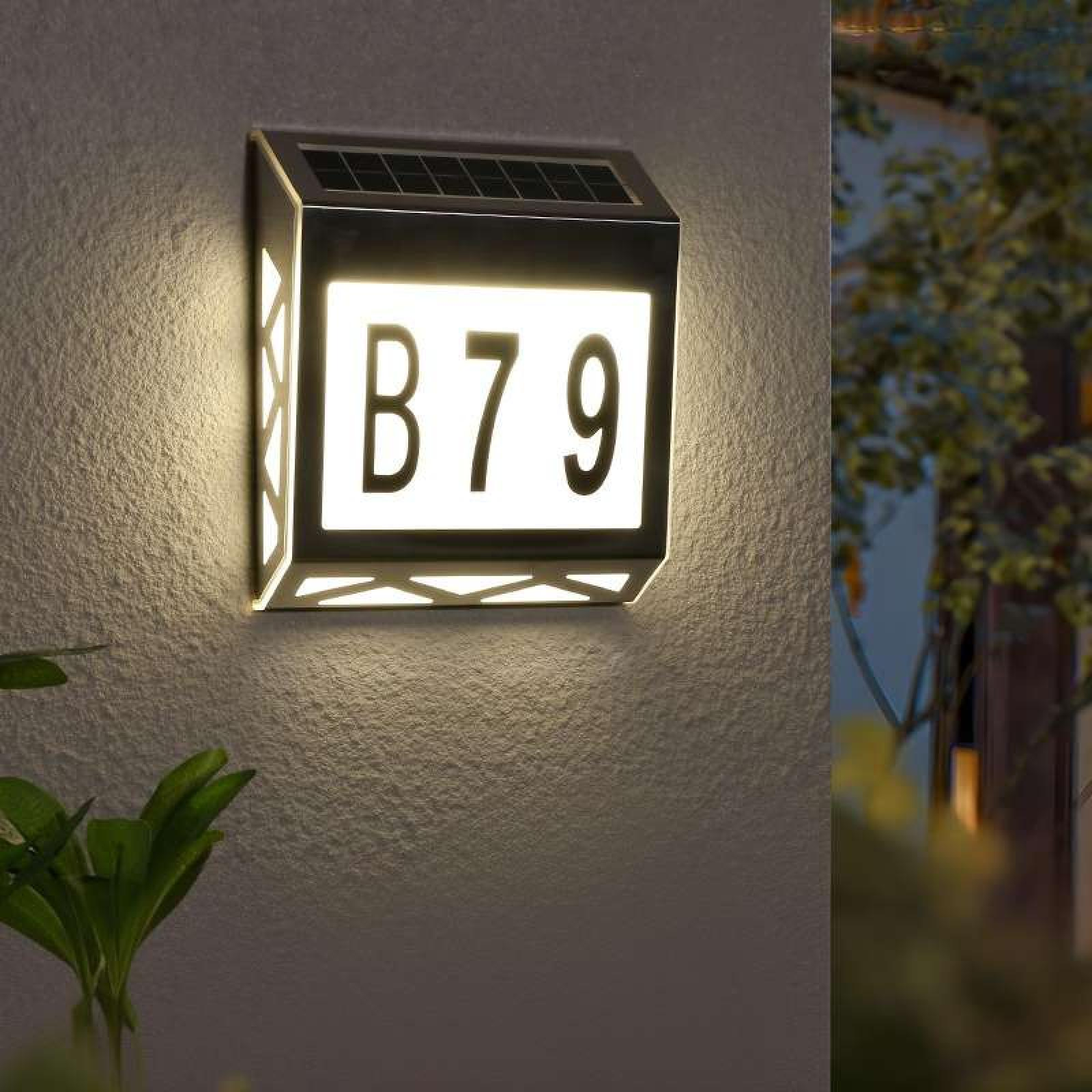 Ein beleuchtetes Hausnummernschild mit 'B 79'. Es ist an einer Wand montiert, mit einer Pflanze im Vordergrund und Bäumen im Hintergrund.