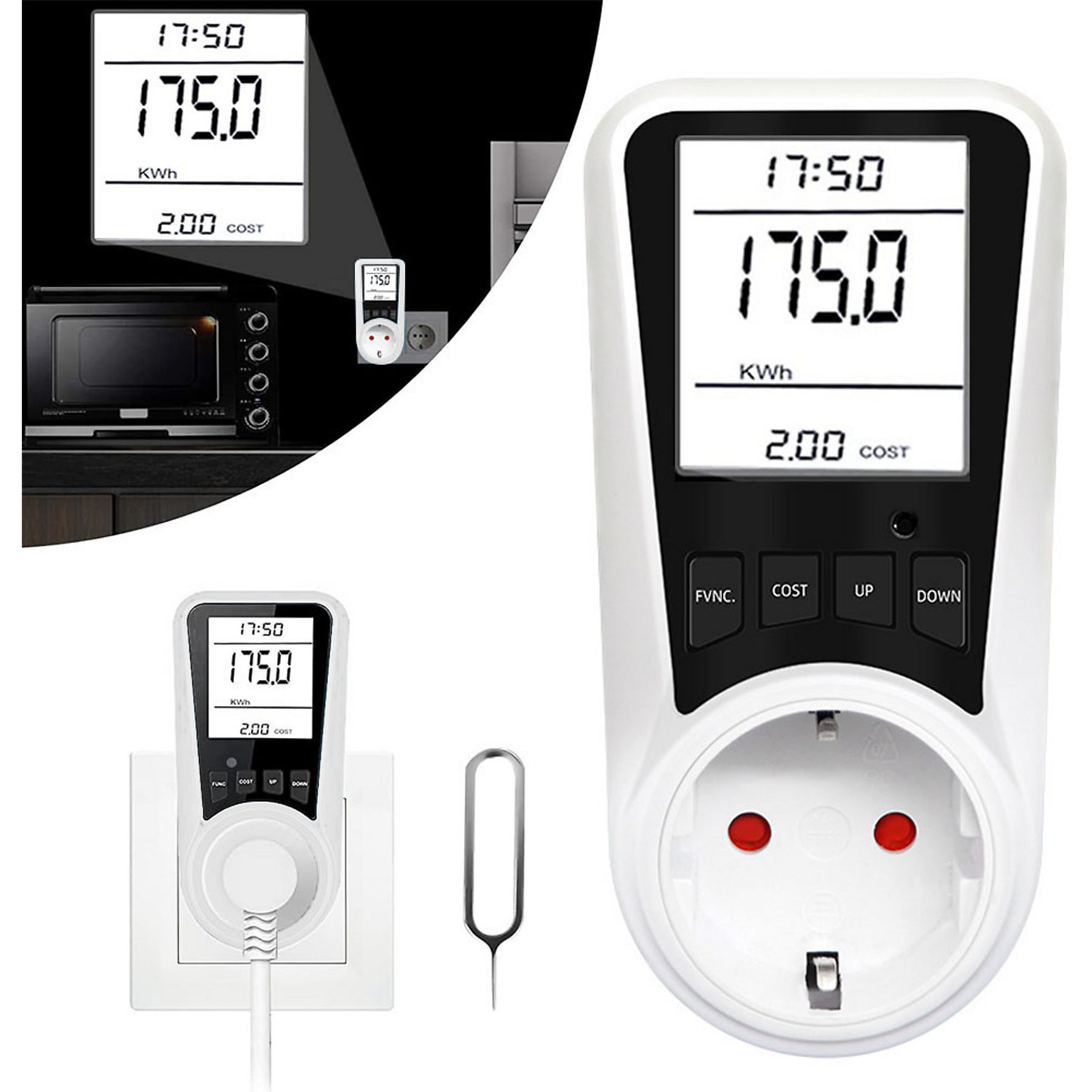 Das Bild zeigt einen Energiemesser mit 175,0 kWh und 2,00 Kosten, mit Stecker und Stiftwerkzeug.