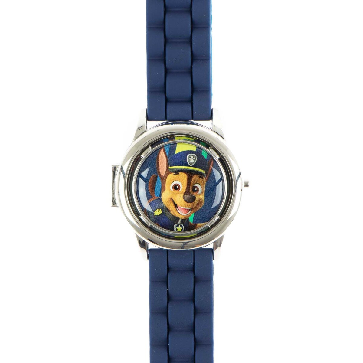 Eine blaue Uhr mit einem Bild von Chase von Paw Patrol. Die Uhr hat einen silbernen Rahmen und ein blaues Armband.