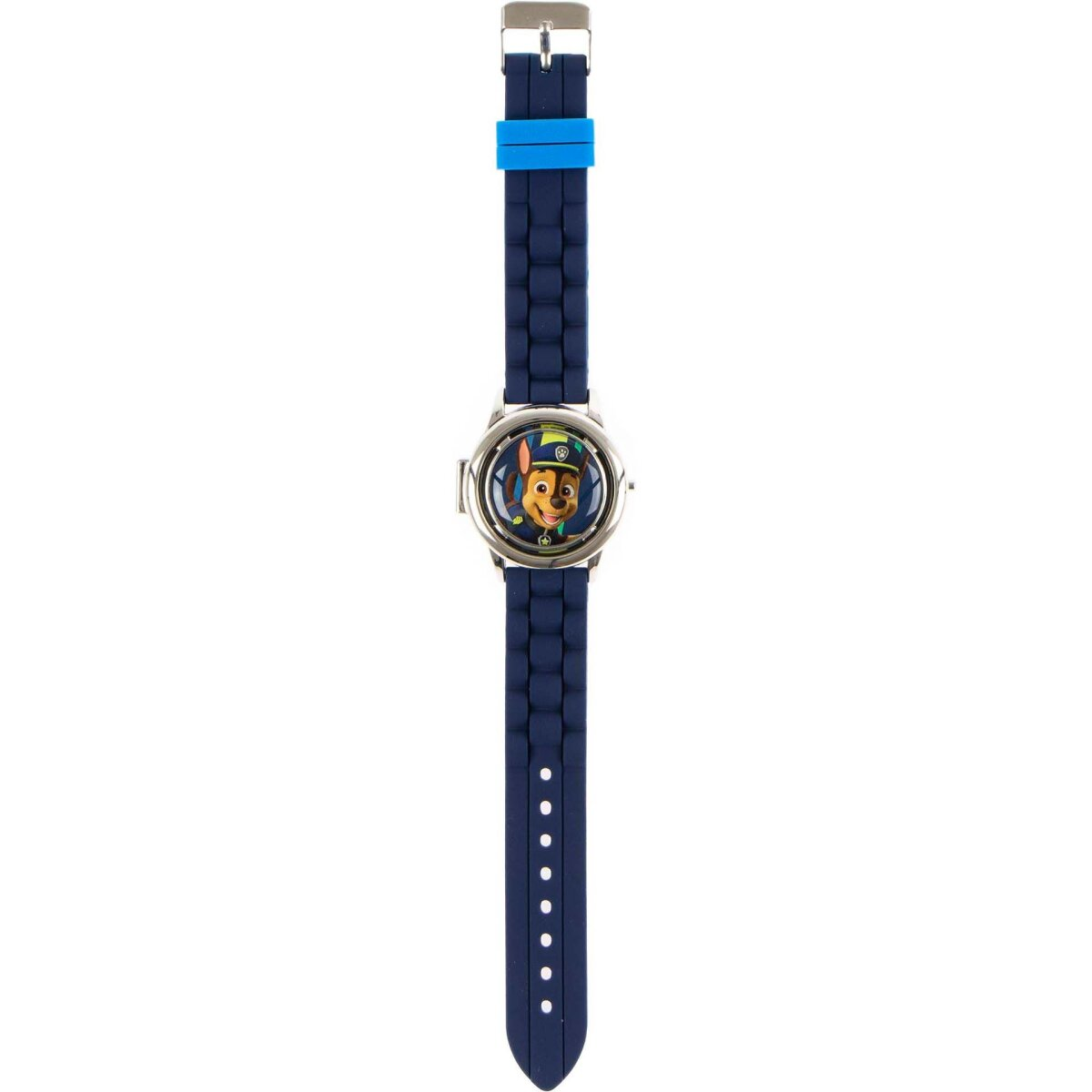 Eine blaue und silberne Paw Patrol-Uhr mit Chases Gesicht auf dem Zifferblatt. Die Uhr hat ein blaues Armband und blaue Akzente.