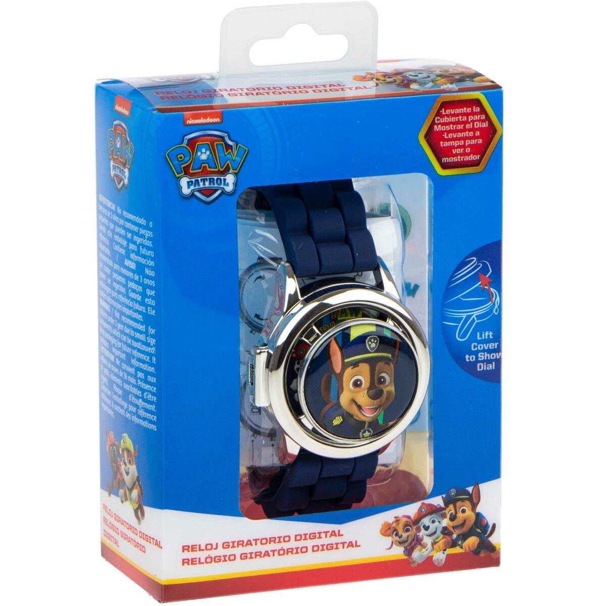 Eine digitale Paw Patrol-Uhr in einer blauen Schachtel. Die Uhr hat ein blaues Band und Chase auf dem Zifferblatt.