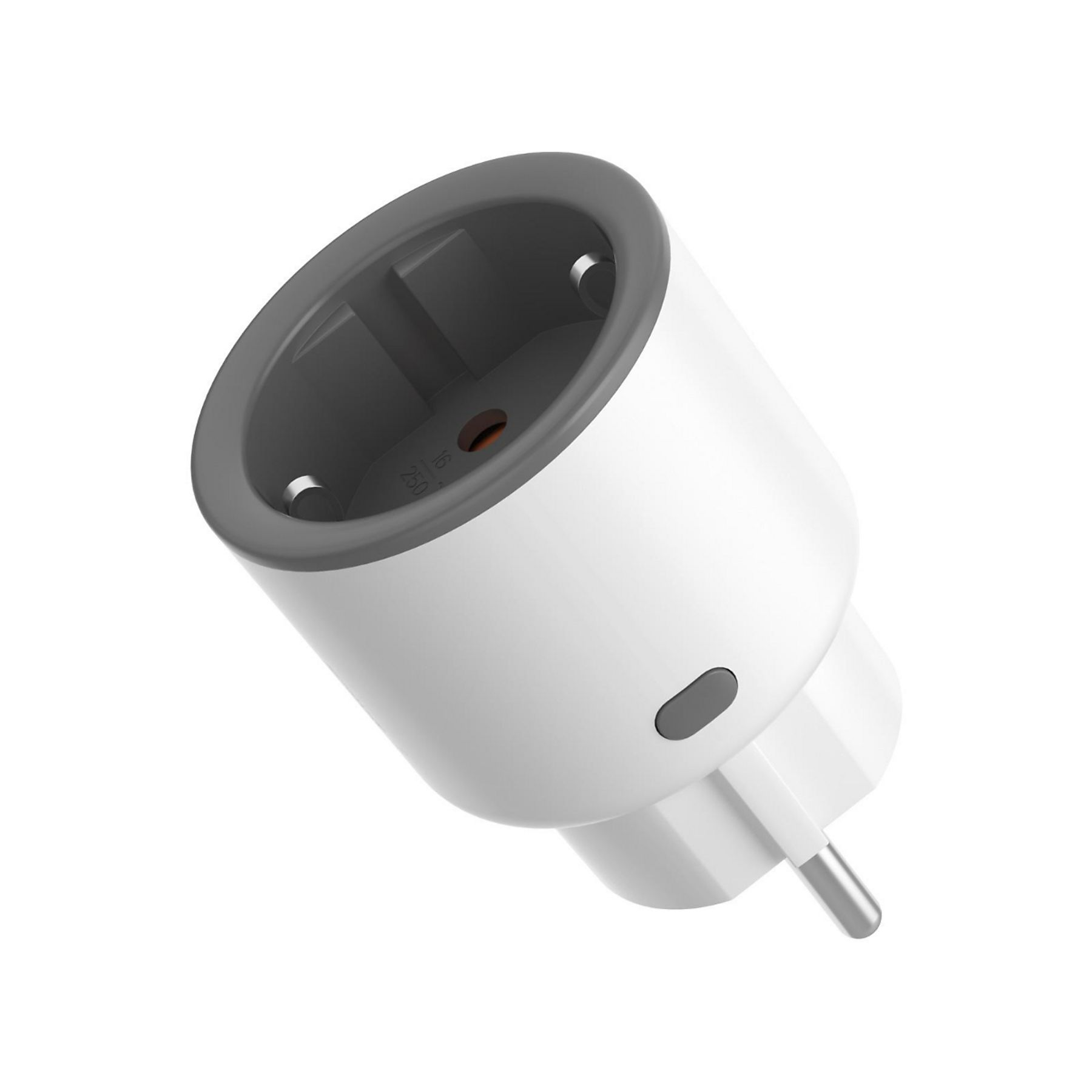 Ein weißer Smart-Stecker mit grauem Oberteil und Knopf sowie silbernen Stiften.