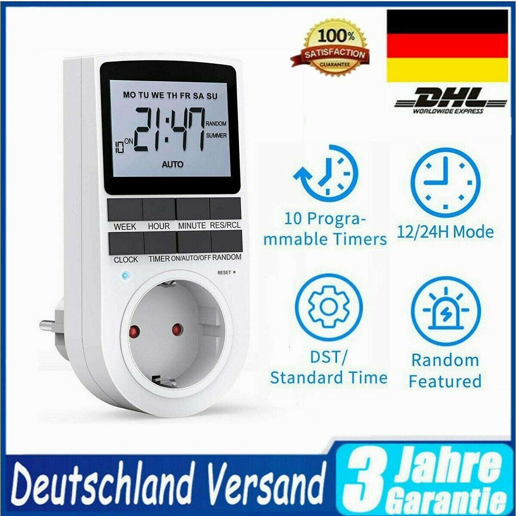 Ein weißer digitaler Timer mit Stecker, der die Uhrzeit anzeigt. Logos: DHL, deutsche Flagge, Zufriedenheitsgarantie und Funktionssymbole.