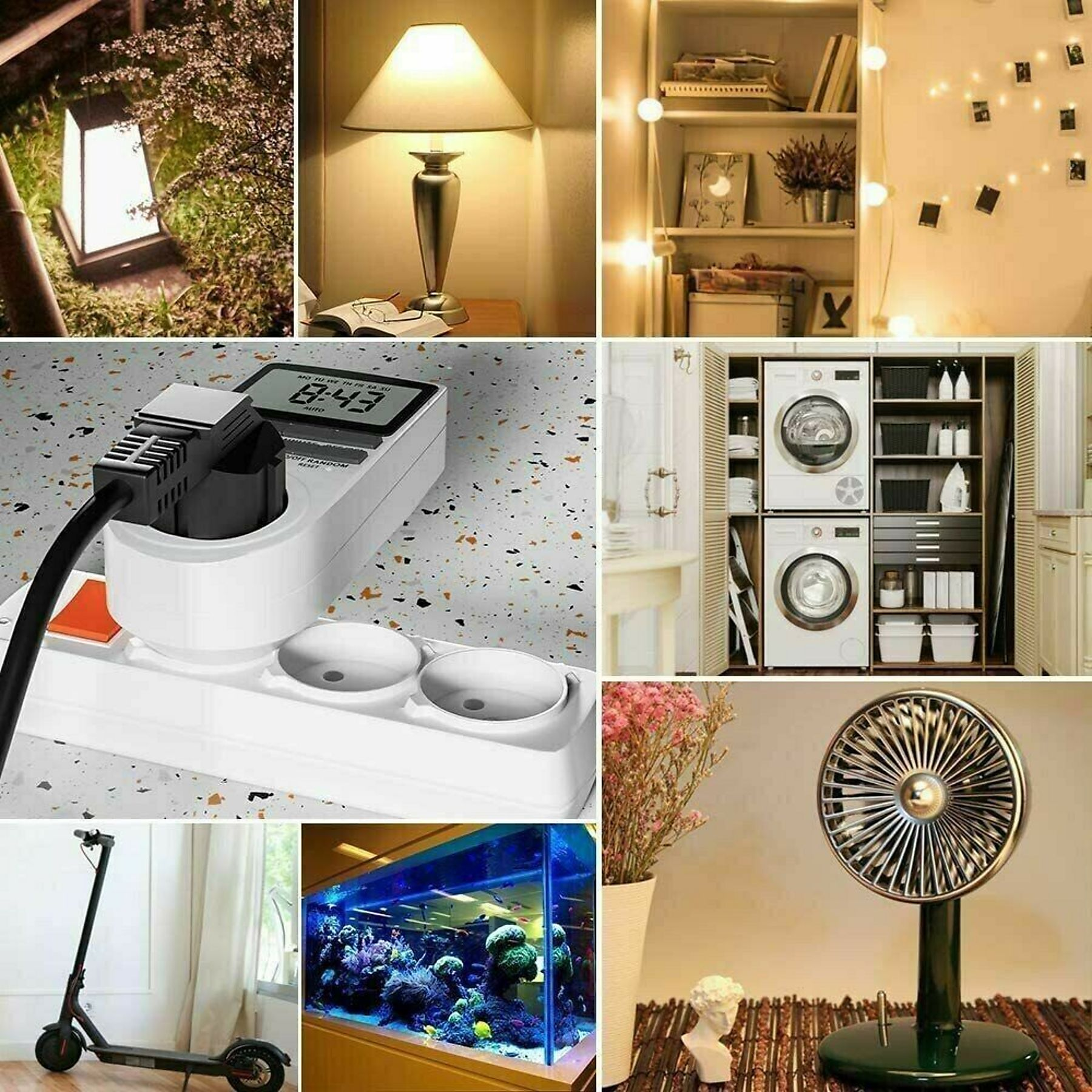 Das Bild enthält verschiedene Objekte: Lampen, einen Timer, Waschmaschinen, ein Aquarium, einen Roller und einen Ventilator.