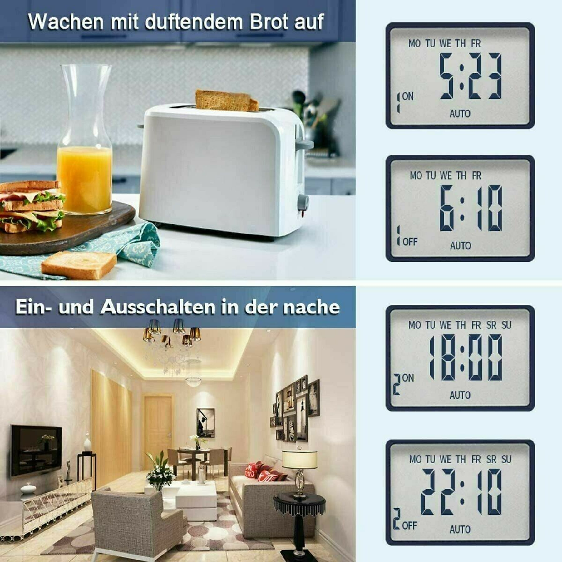 Ein Toaster mit Brot, Sandwiches und Saft. Digitale Uhren zeigen Zeiten an. Ein Wohnzimmer mit Möbeln ist zu sehen.