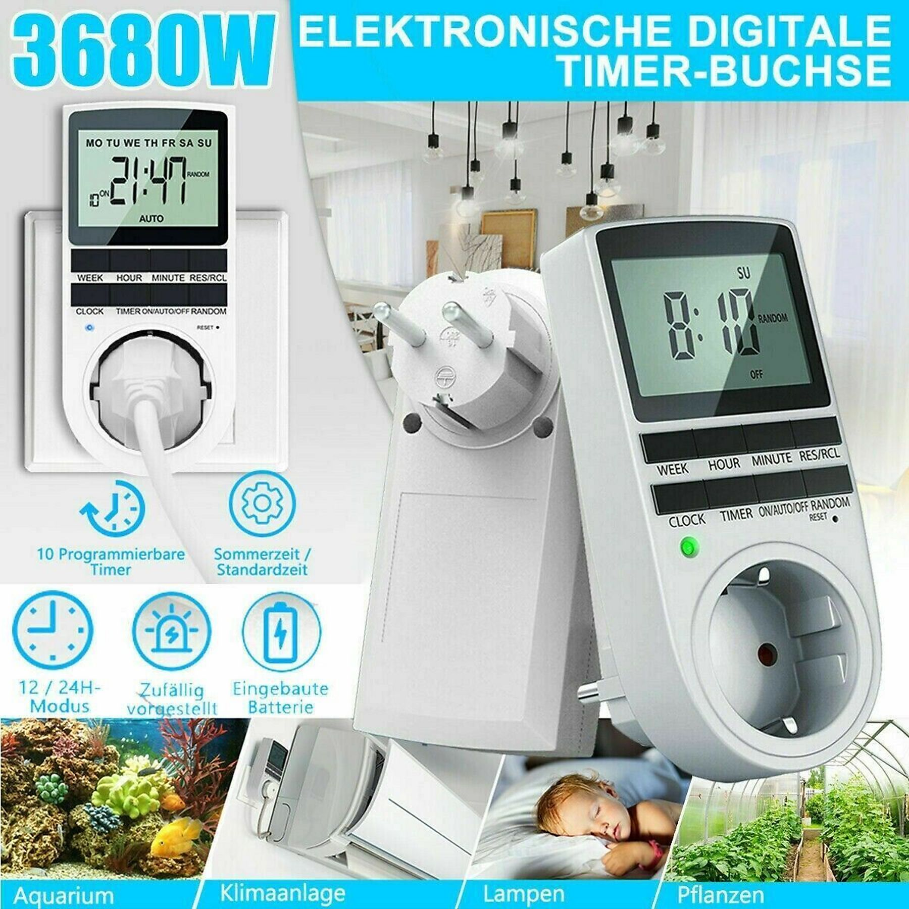 Das Bild zeigt digitale Timer-Stecker mit Displays, ein schlafendes Baby und ein Gewächshaus.