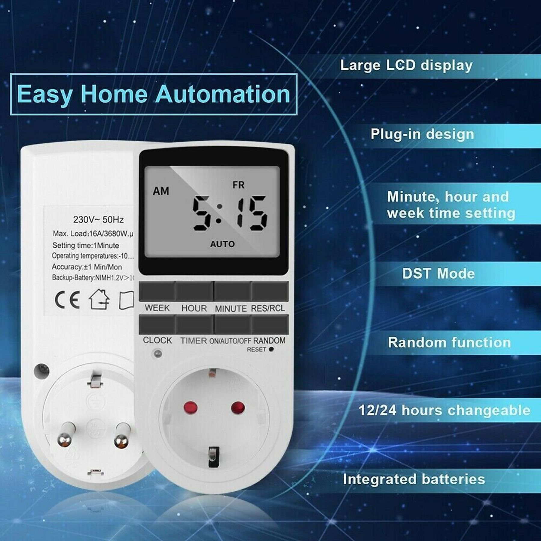Weißer Timer mit Digitalanzeige 5:15. Mit Knöpfen und Stecker.