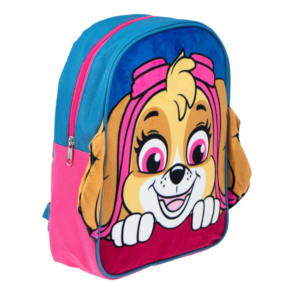 Ein Paw Patrol Rucksack mit Skys Gesicht. Er hat blaue, rosa und rote Farben. Der Hintergrund ist weiß.