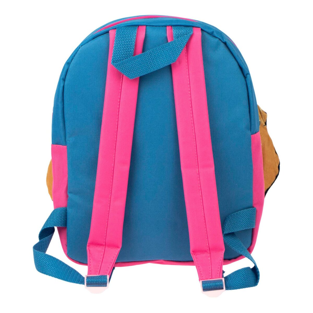 Blauer Rucksack mit pinkfarbenen Trägern und einem pinkfarbenen Reißverschluss. Die Träger sind blaugrün. Auf der Seite befindet sich ein beigefarbener Aufnäher.