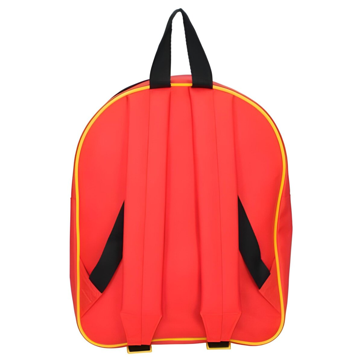 Roter Rucksack mit schwarzen Trägern und gelben Verzierungen. Der Hintergrund ist weiß. Die Tasche wird von hinten betrachtet.