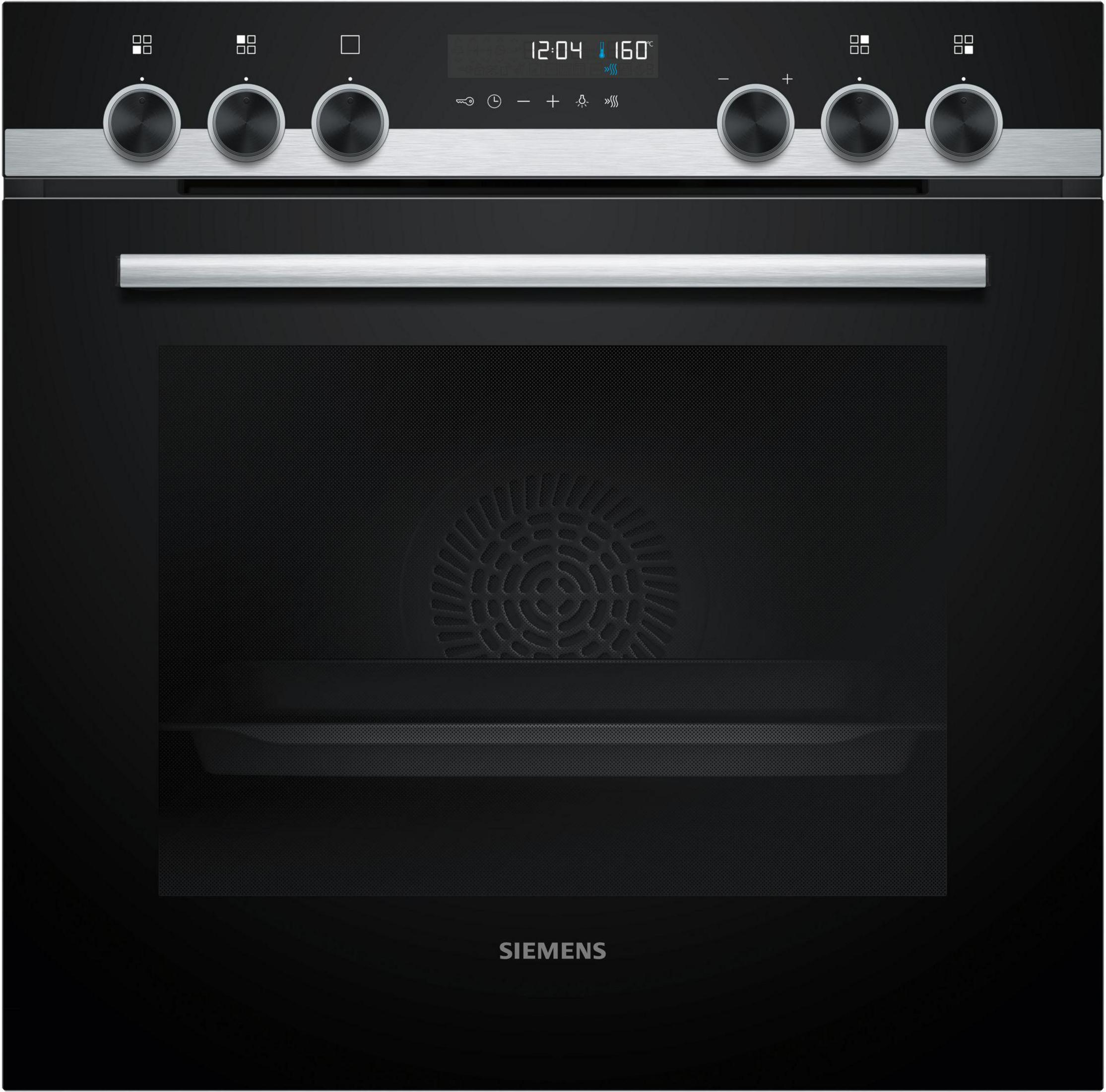 Schwarzer Backofen mit Knöpfen, Display mit Uhrzeit und Temperatur, und dem 'Siemens' Logo.
