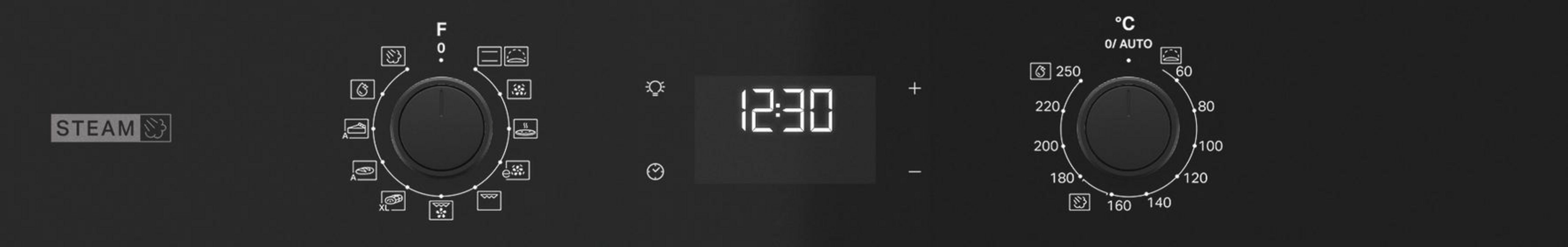 Schwarzes Ofenbedienfeld mit Knöpfen, Digitalanzeige 12:30 und Dampfsymbol.