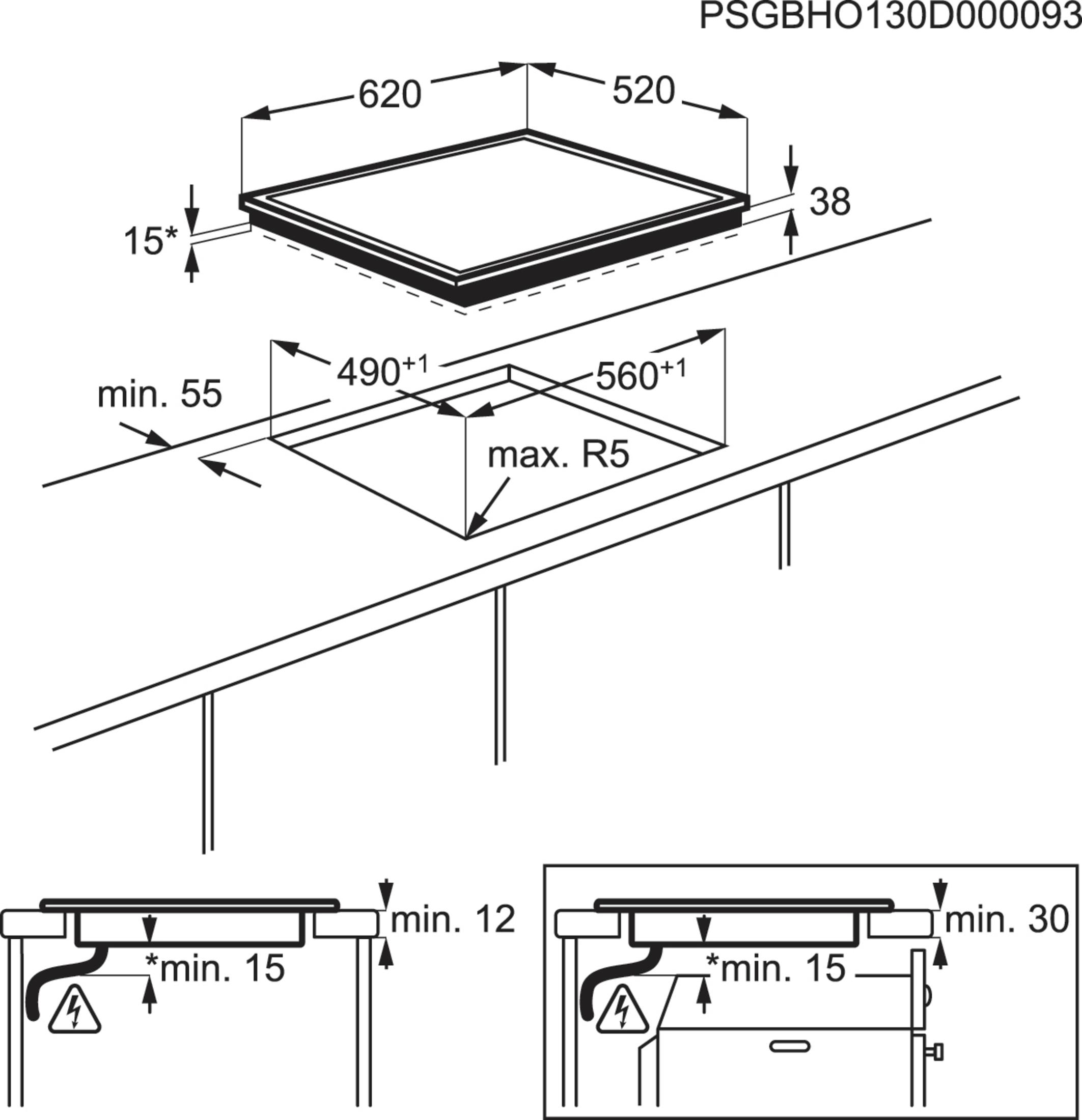 Diagramm eines Kochfelds mit Abmessungen. Es enthält Ausschnitte mit Installationsdetails und Sicherheitssymbolen.