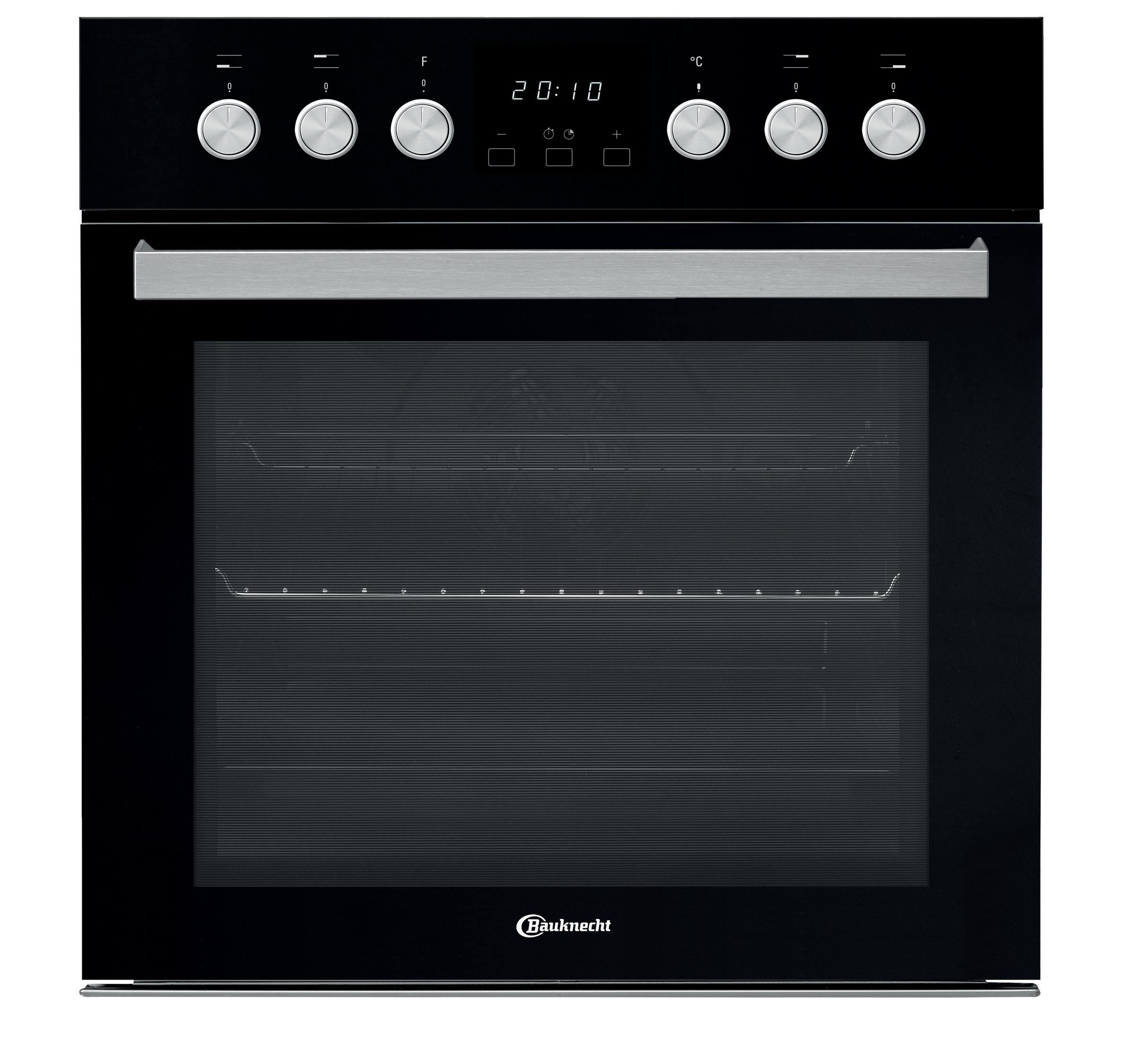 Schwarzer Backofen mit Knöpfen, Digitaluhr und Griff. Die Backofentür ist transparent.