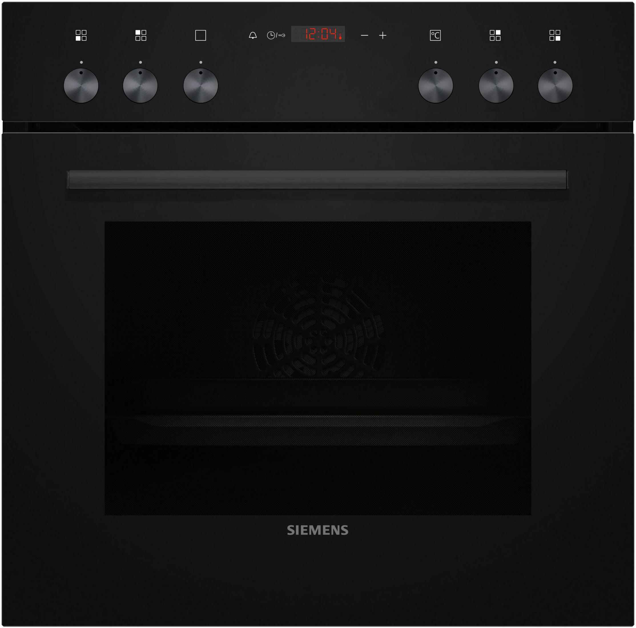Ein schwarzer Siemens-Backofen mit Knöpfen, einer Anzeige mit 12:04 und dem Markennamen unten.