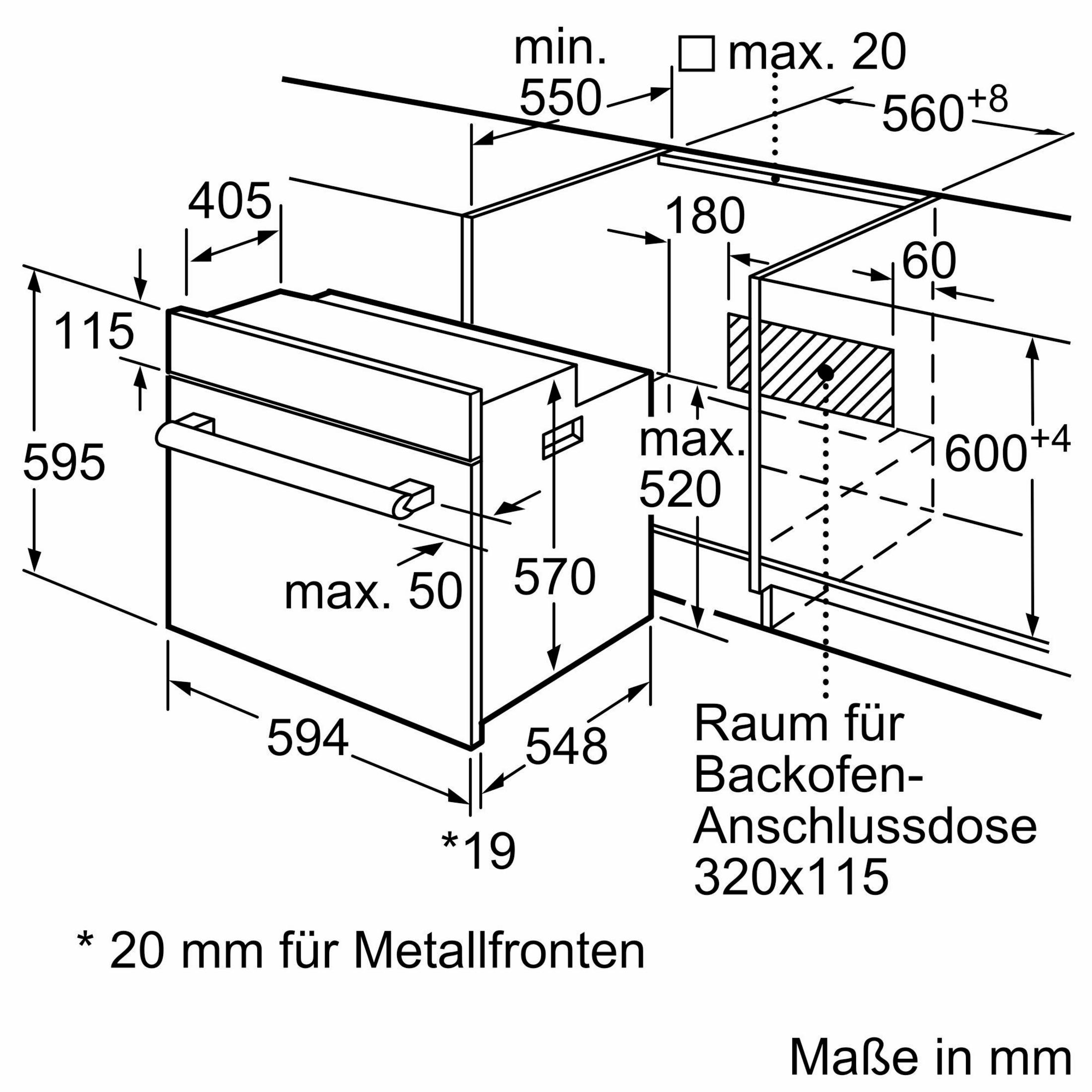 Diagramm eines Ofens mit Maßangaben in Millimetern. Enthält Maße für Höhe, Breite und Einbauraum.