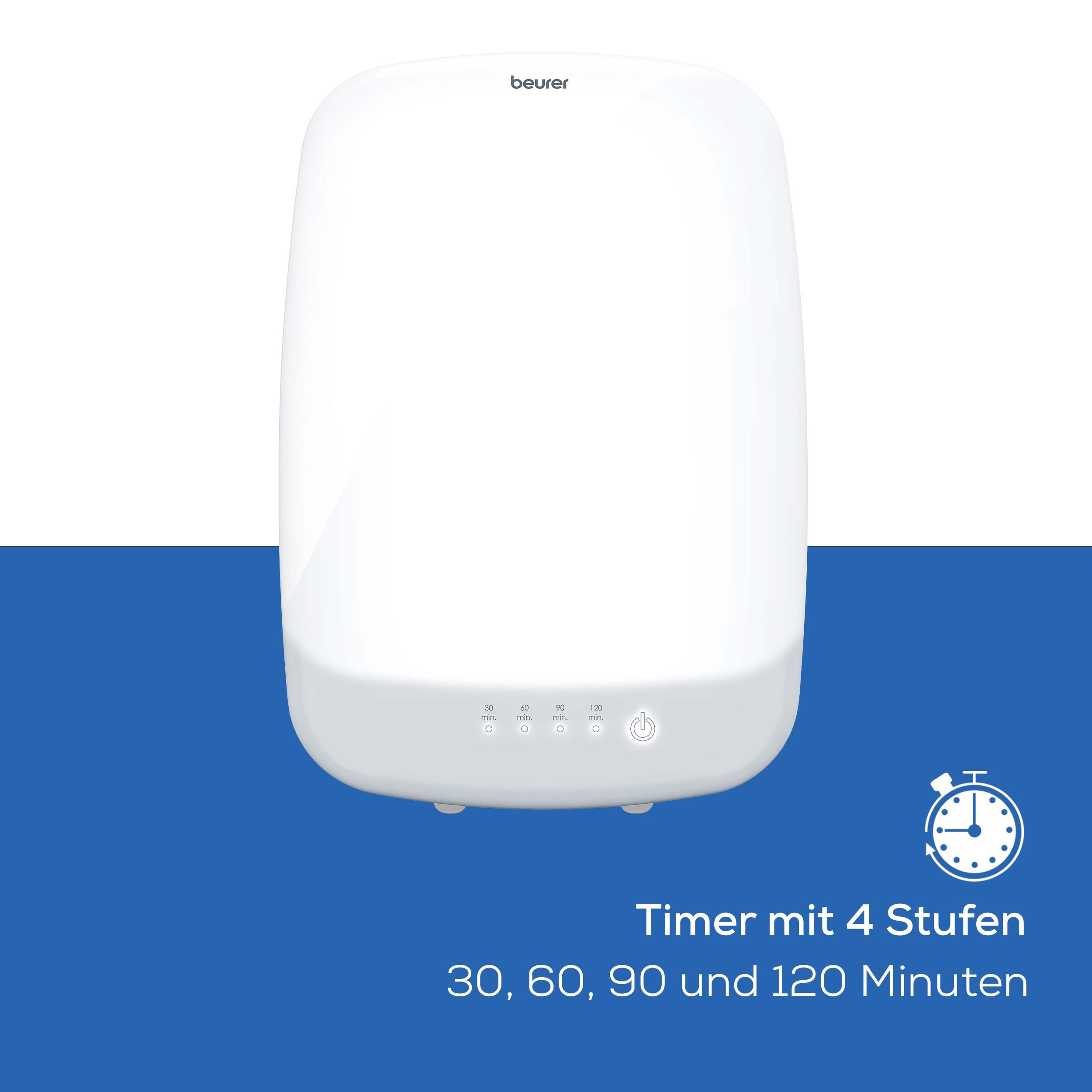 A white Beurer light therapy lamp with timer settings. It is on a blue and white background. A timer icon is present.