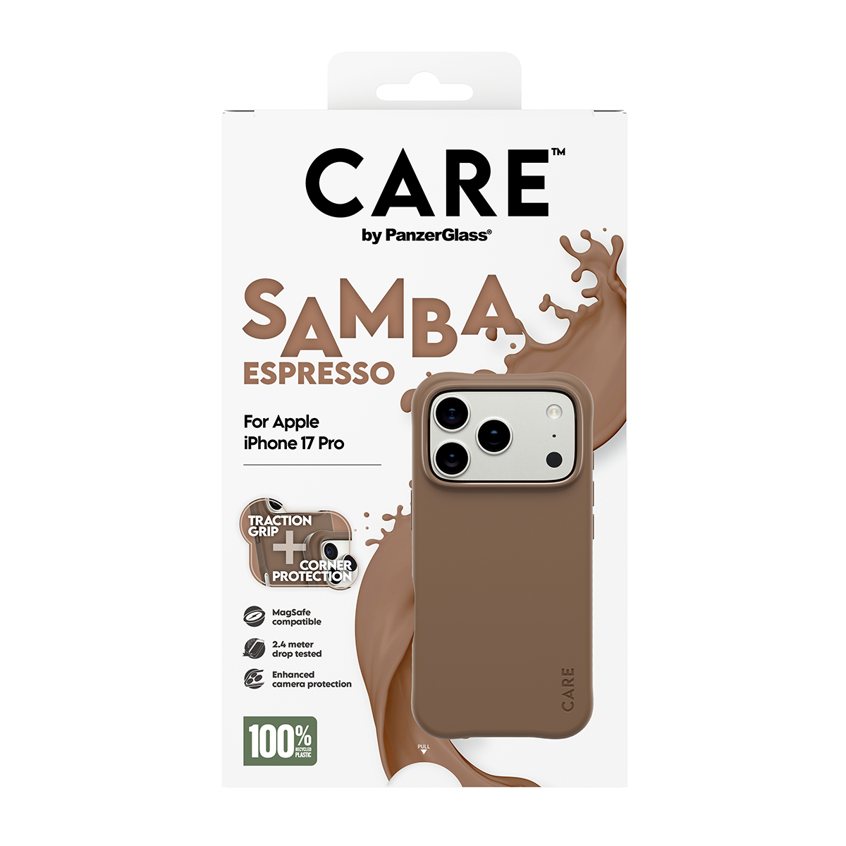 CARE markalı, SAMBA ESPRESSO ürün adlı ve iPhone 17 Pro bulunan bir telefon kılıfı kutusu. Kılıf, bir sıçrama ile kahverengidir.