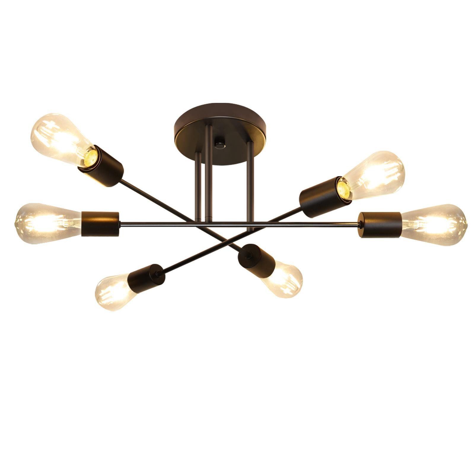 Nowoczesna lampa sufitowa z sześcioma odsłoniętymi żarówkami. Oprawa jest czarna, żarówki świecą, białe tło.
