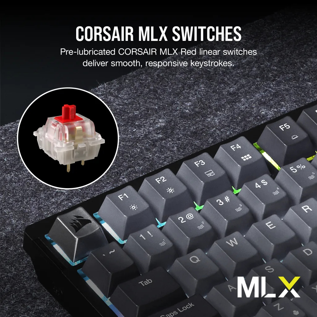 Obraz przedstawia klawiaturę Corsair MLX. Zbliżenie czerwonego przełącznika znajduje się w okręgu. Klawisze klawiatury są czarne z białymi literami.