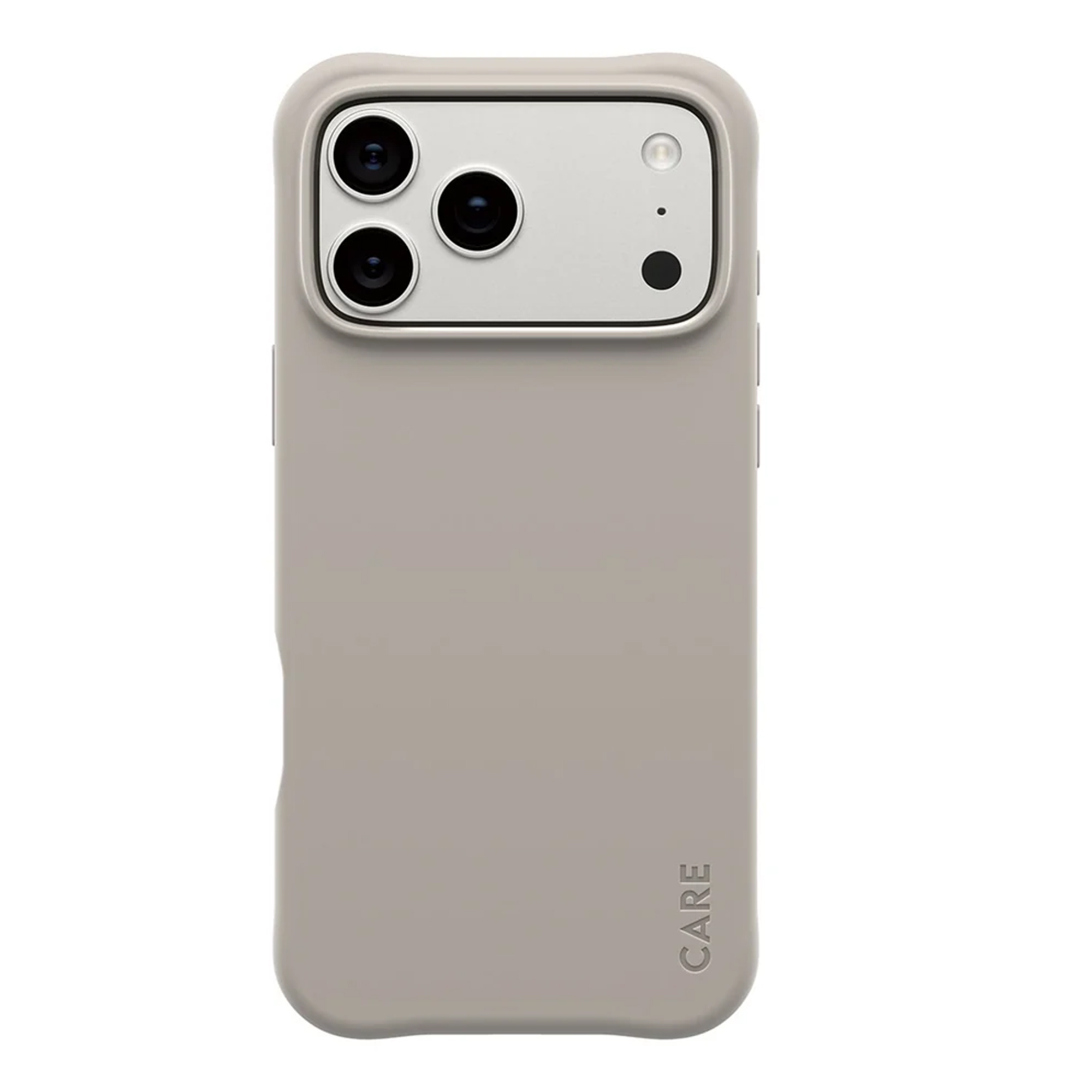 Eine beige Handyhülle mit drei Kameralinsen und einem Blitz. Das Wort 'CARE' ist auf der Seite aufgedruckt.