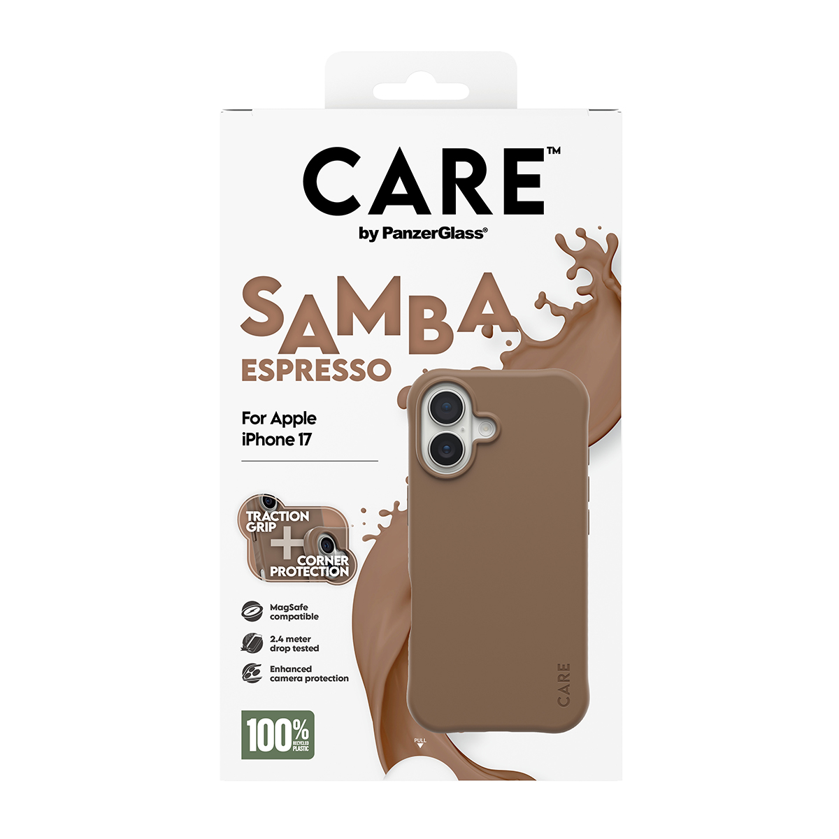 Bir telefon kılıfı kutusu. Kılıf kahverengi ve kutuda "CARE", "SAMBA ESPRESSO" ve "For Apple iPhone 17" yazıları var.