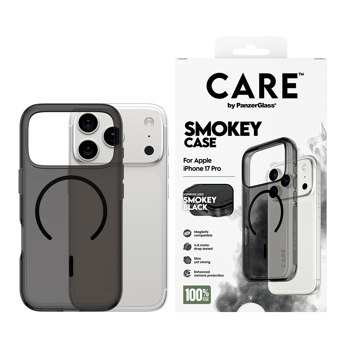 iPhone 17 Pro için Smokey Black renkli bir telefon kılıfı. Siyah çerçeveli şeffaf tasarım, beyaz bir iPhone ile birlikte gösteriliyor.