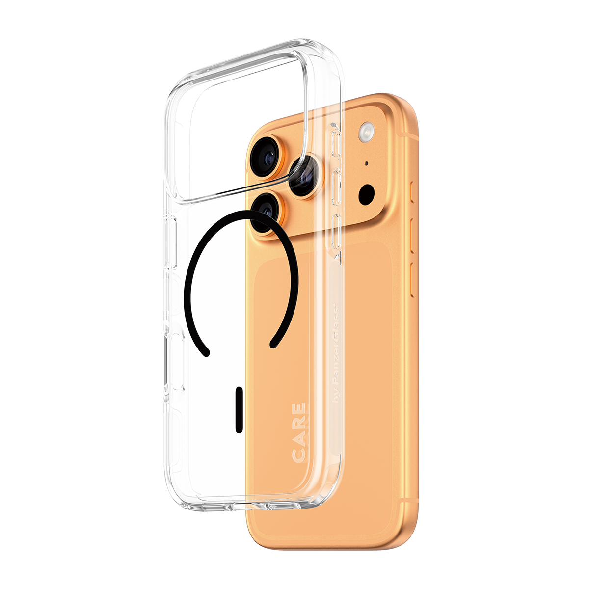Şeffaf bir kılıfı olan bir iPhone. Telefon altın renginde, kılıf şeffaf ve üzerinde 'CARE' yazıyor.
