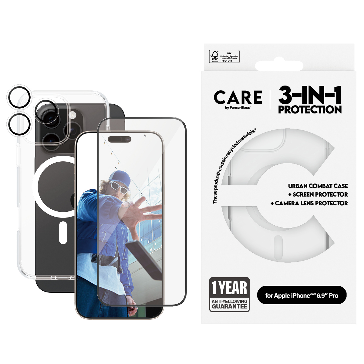 Un set di custodia e protezione schermo. La confezione mostra un telefono con una persona sullo schermo. Dice protezione 3-in-1.