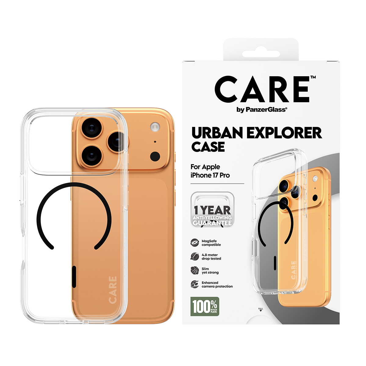 Bir iPhone kılıfı ve ambalajı. Kılıf, siyah bir manyetik halka ile şeffaftır. Ambalajda 'CARE' ve 'URBAN EXPLORER CASE' yazıyor.