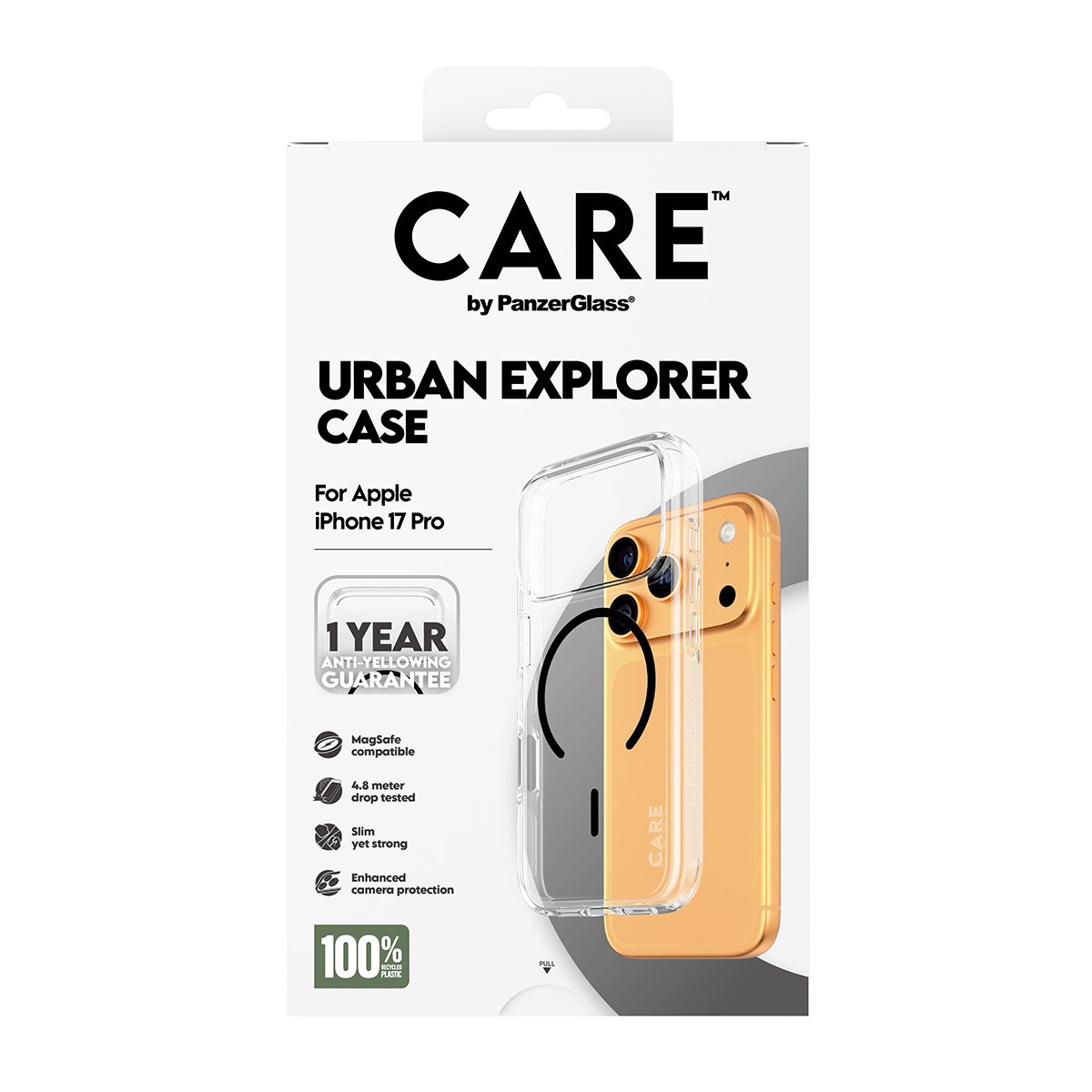 İçinde şeffaf bir kılıf ve altın renkli bir telefon bulunan bir telefon kılıfı kutusu. Metin 'CARE', 'URBAN EXPLORER CASE' ve 'iPhone 17 Pro' içerir.