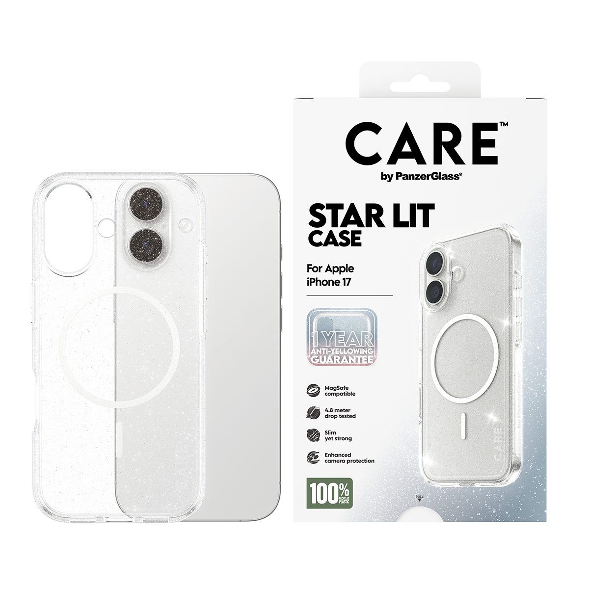 Glitterli şeffaf telefon kılıfı ve kılıfı gösteren bir kutu. Metin: 'CARE', 'STAR LIT CASE' ve 'For Apple iPhone 17'.