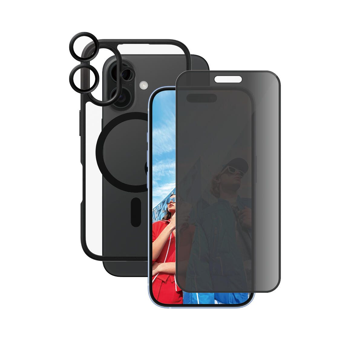 Un telefono con protezione schermo e custodia. Sullo schermo sono visibili due persone. Una donna in giacca rossa e un uomo con occhiali da sole.