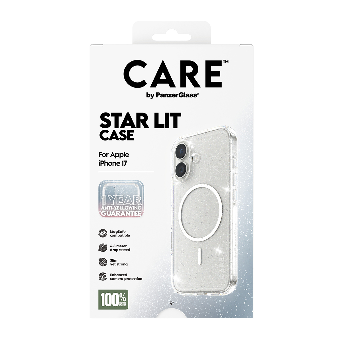 CARE markalı bir telefon kılıfı kutusu, ışıltılı şeffaf bir telefon kılıfı ve "STAR LIT CASE" yazısı.