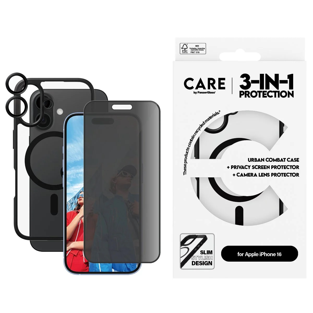 Un set di custodia e protezione schermo per iPhone 16. Include custodia, protezione schermo privacy e protezione lente.