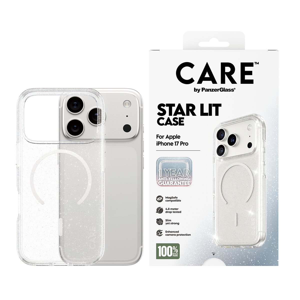 Parıltılı şeffaf telefon kılıfı, 'STAR LIT CASE' etiketli, bir iPhone'un yanında. Ambalaj, ürün detaylarını ve markayı gösteriyor.