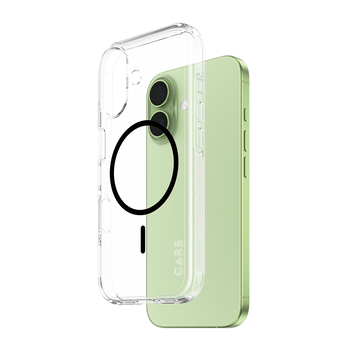 Yeşil bir telefonun yanında şeffaf bir telefon kılıfı. Kılıfın üzerinde siyah bir daire ve CARE yazısı var. Telefonda iki kamera merceği var.