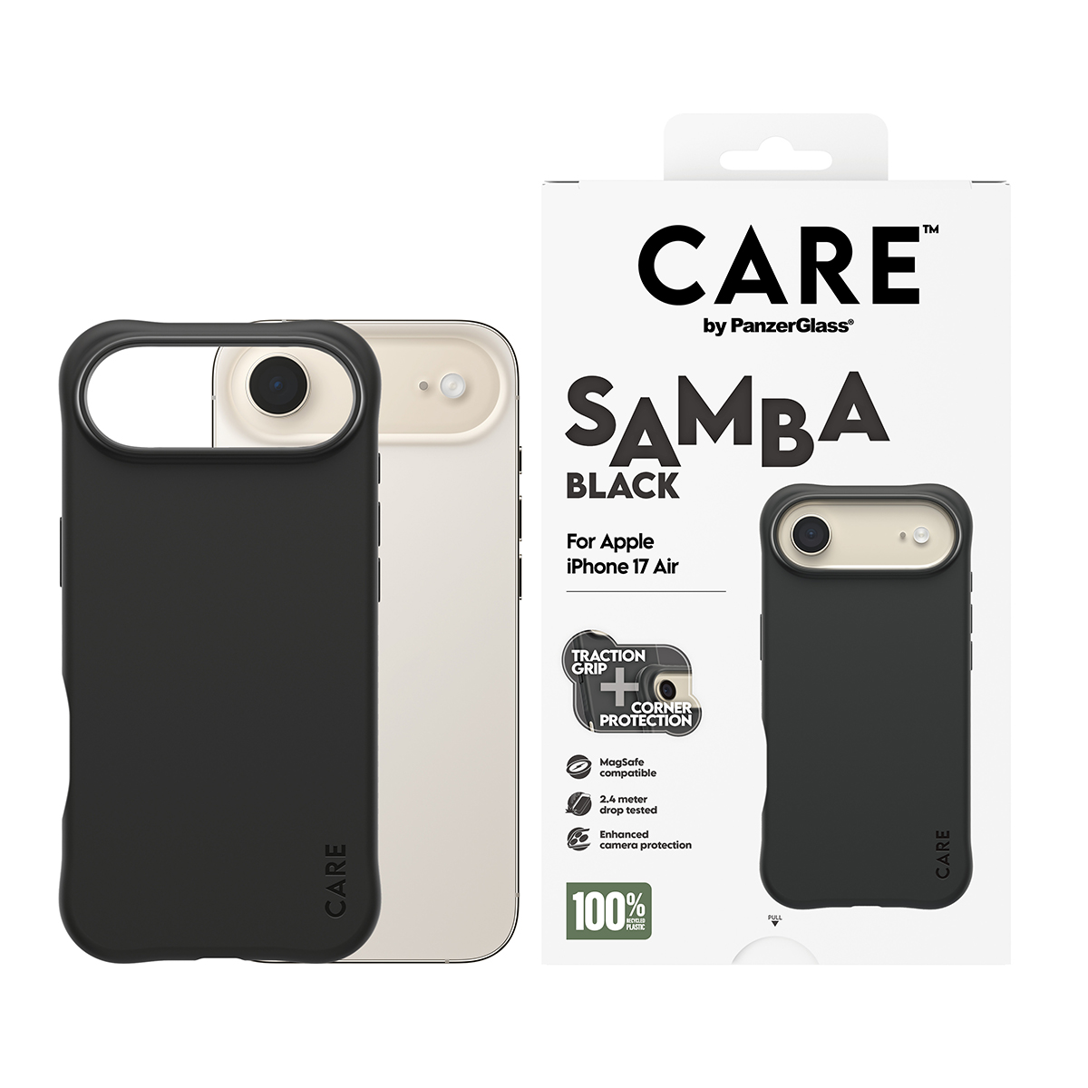 Görüntü, biri siyah, biri bej, ambalajlı telefon kılıflarını gösteriyor. Ambalajda iPhone 17 Air için 'CARE' ve 'SAMBA BLACK' yazıyor.
