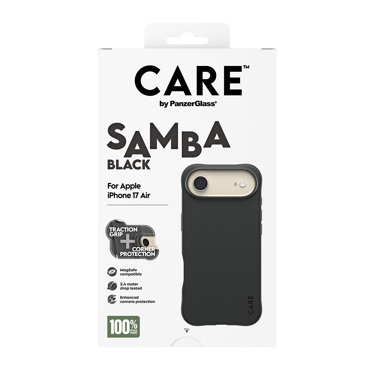 CARE ve SAMBA yazılı bir telefon kılıfı kutusu. Siyah renkte ve iPhone 17 Air için. Özellikler arasında MagSafe ve köşe koruması bulunur.