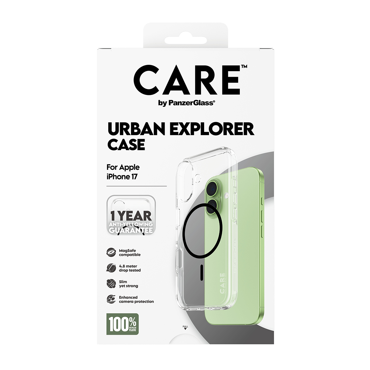 İçinde yeşil bir telefon bulunan bir telefon kılıfı kutusu. Kutuda şu metin var: CARE, URBAN EXPLORER CASE. Ayrıca iPhone 17.