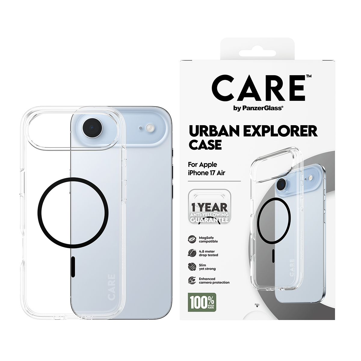 Siyah bir daire ve MagSafe uyumlu, iPhone 17 Air için şeffaf bir telefon kılıfı, bir ürün kutusunun yanında.