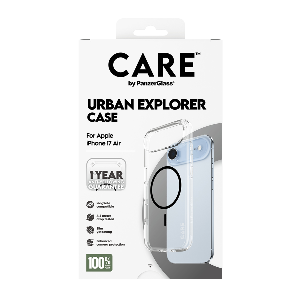 Şeffaf bir kılıf ve bir iPhone ile bir telefon kılıfı kutusu. Metin 'CARE', 'Urban Explorer Case' ve MagSafe gibi özellikleri içerir.