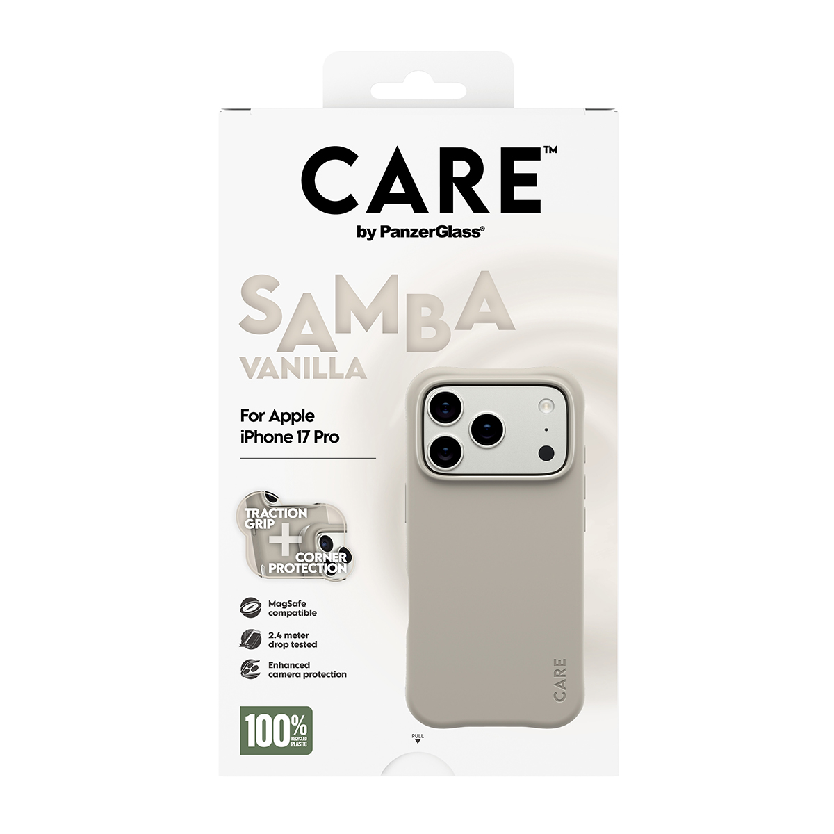 İçinde bir telefon kılıfı bulunan bir telefon kılıfı kutusu. Marka CARE by PanzerGlass'tır. Kılıf, iPhone 17 Pro için Samba Vanilla'dır.