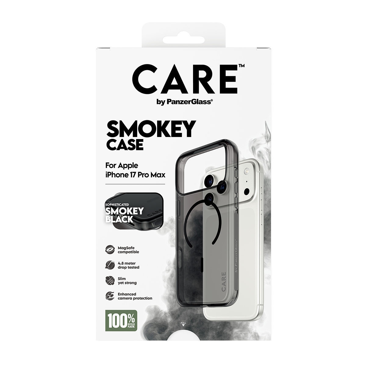 CARE markalı bir telefon kılıfı kutusu. iPhone 17 Pro Max için Smokey Black bir kılıf, MagSafe uyumluluğu gibi özelliklere sahip.