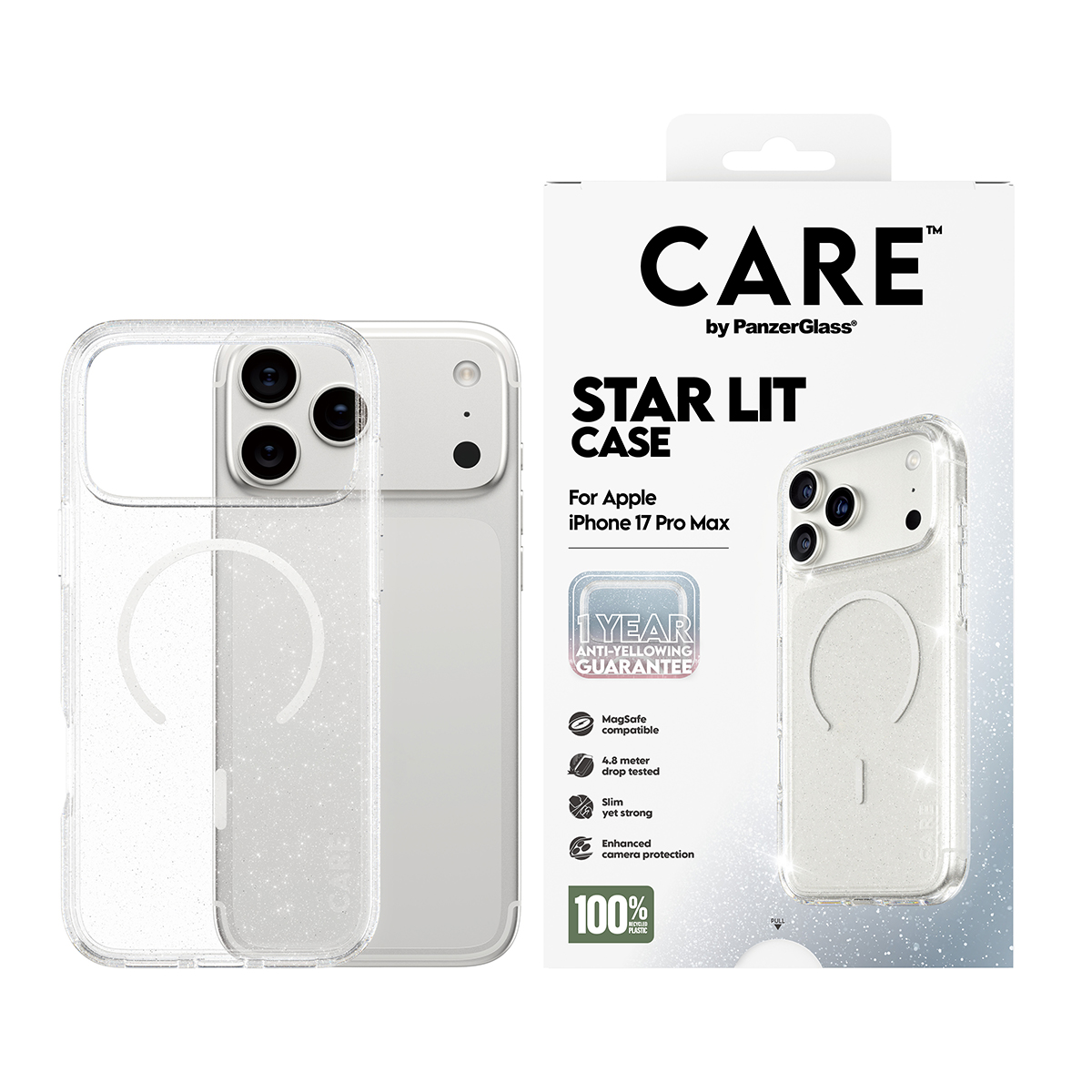 Simli şeffaf telefon kılıfları, ürün detaylarının yer aldığı bir kutunun yanında. Metin: 'STAR LIT CASE' ve 'iPhone 17 Pro Max'.