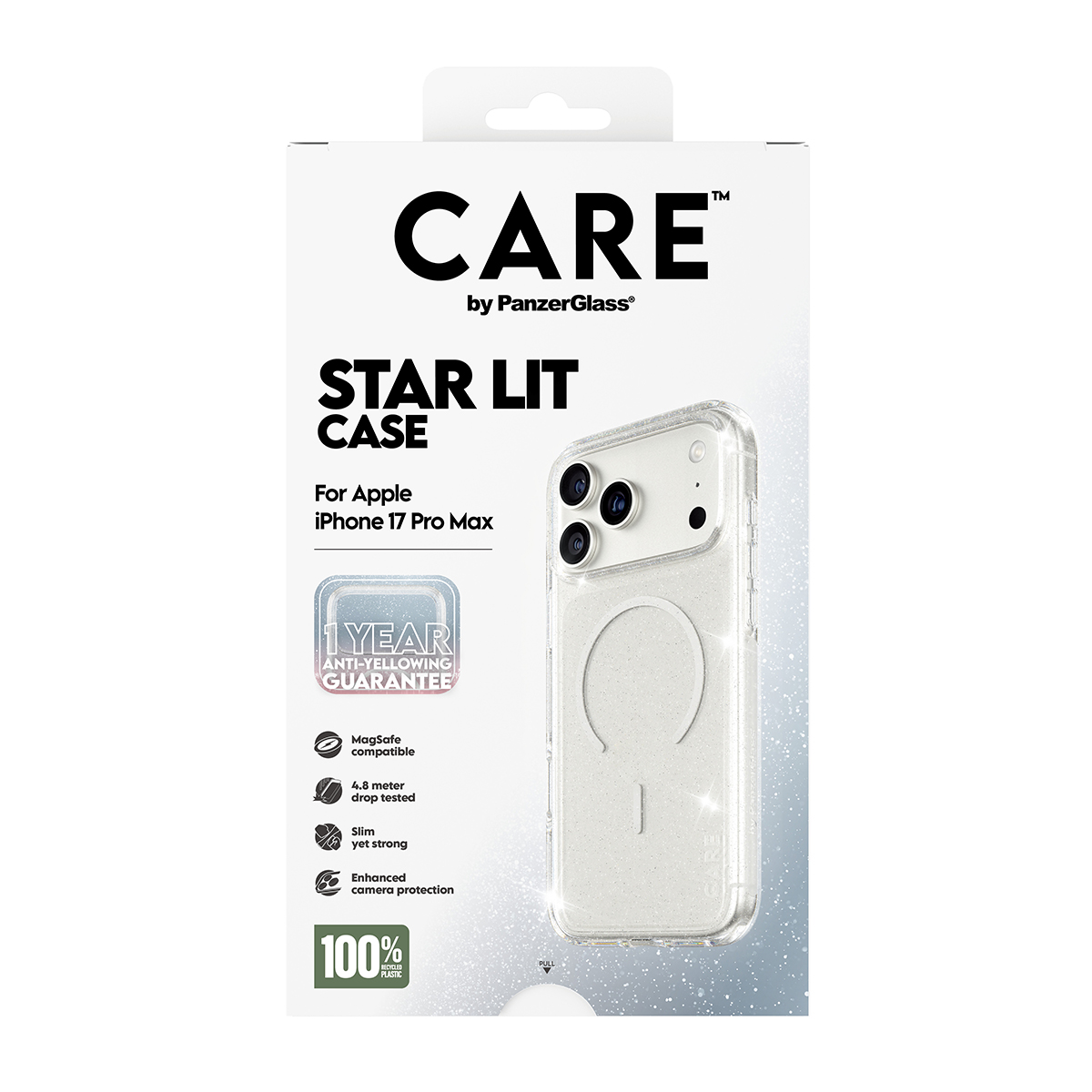 Bir telefon kılıfı kutusu. CARE by PanzerGlass, Star Lit Case, iPhone 17 Pro Max için yazıyor. Özellikler arasında MagSafe, düşme testi ve gelişmiş kamera koruması bulunur.