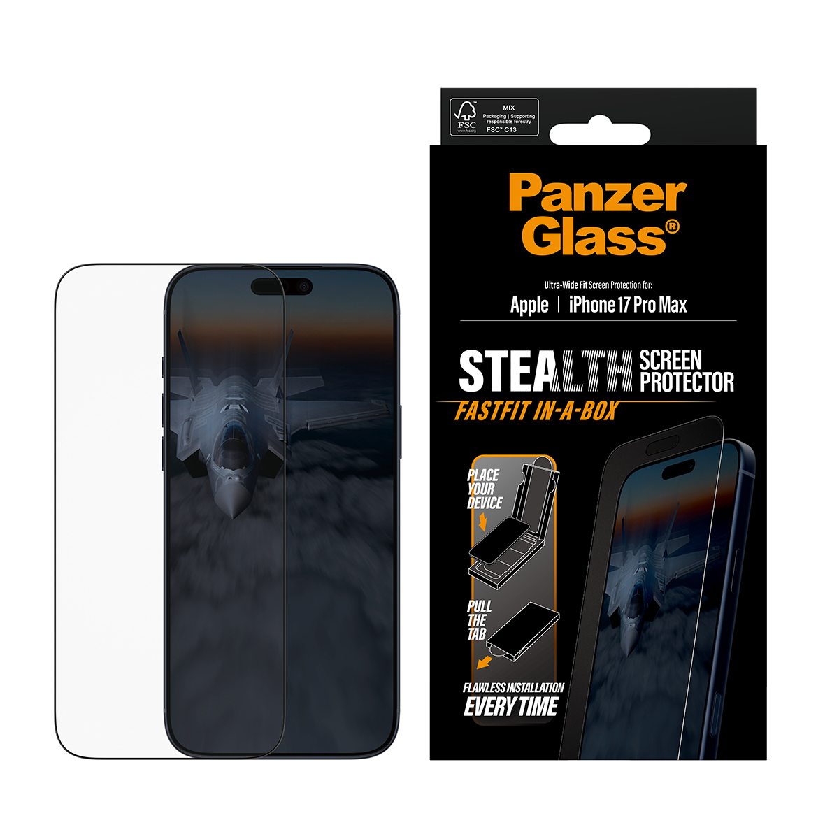 Bir Panzer Glass ekran koruyucu kutusu ve ekranında jet görüntüsü olan iPhone 17 Pro Max. Kutuda metin ve talimatlar var.
